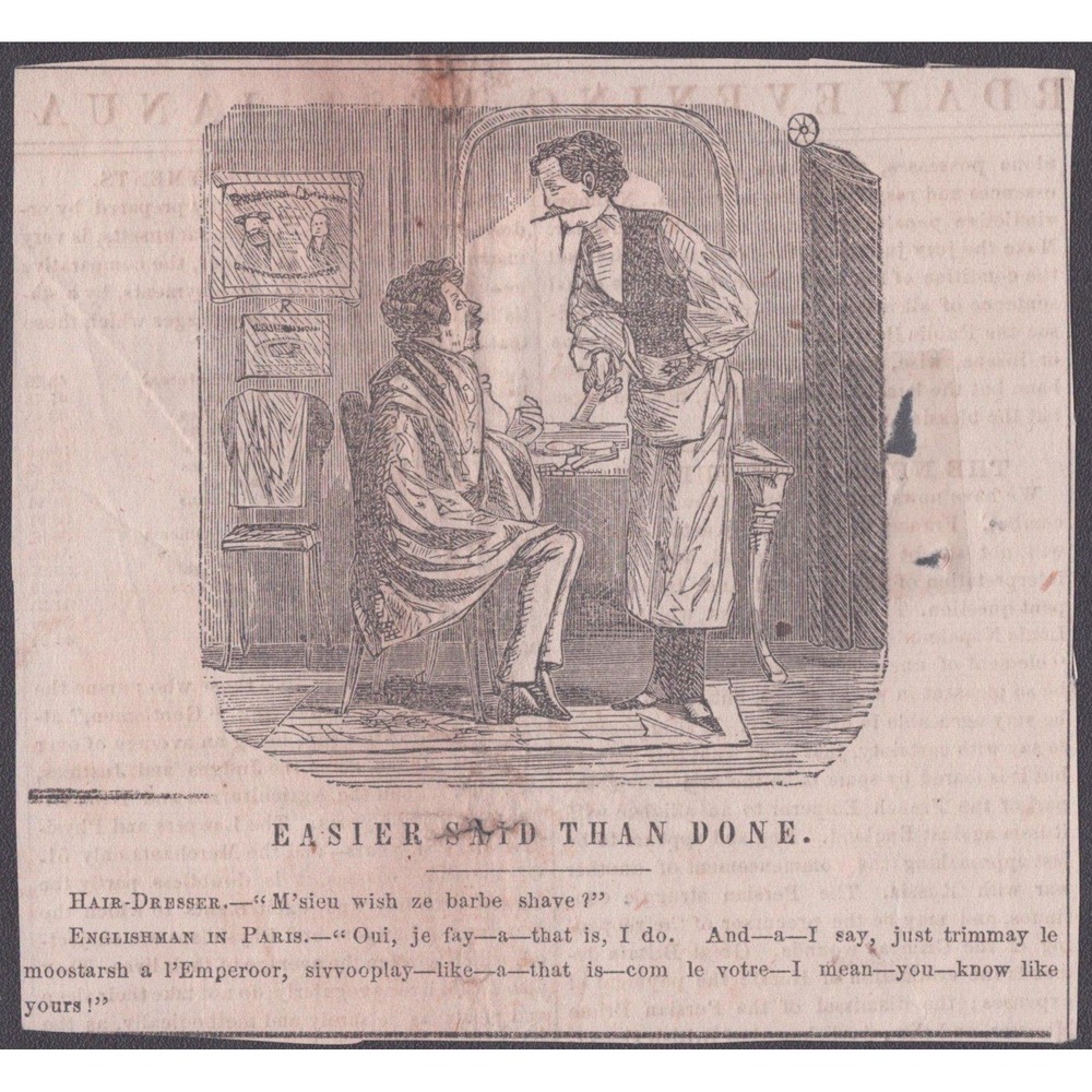 Antique 1850s Saturday Evening Post Clipping Barber Shop Humor Woodcut Print